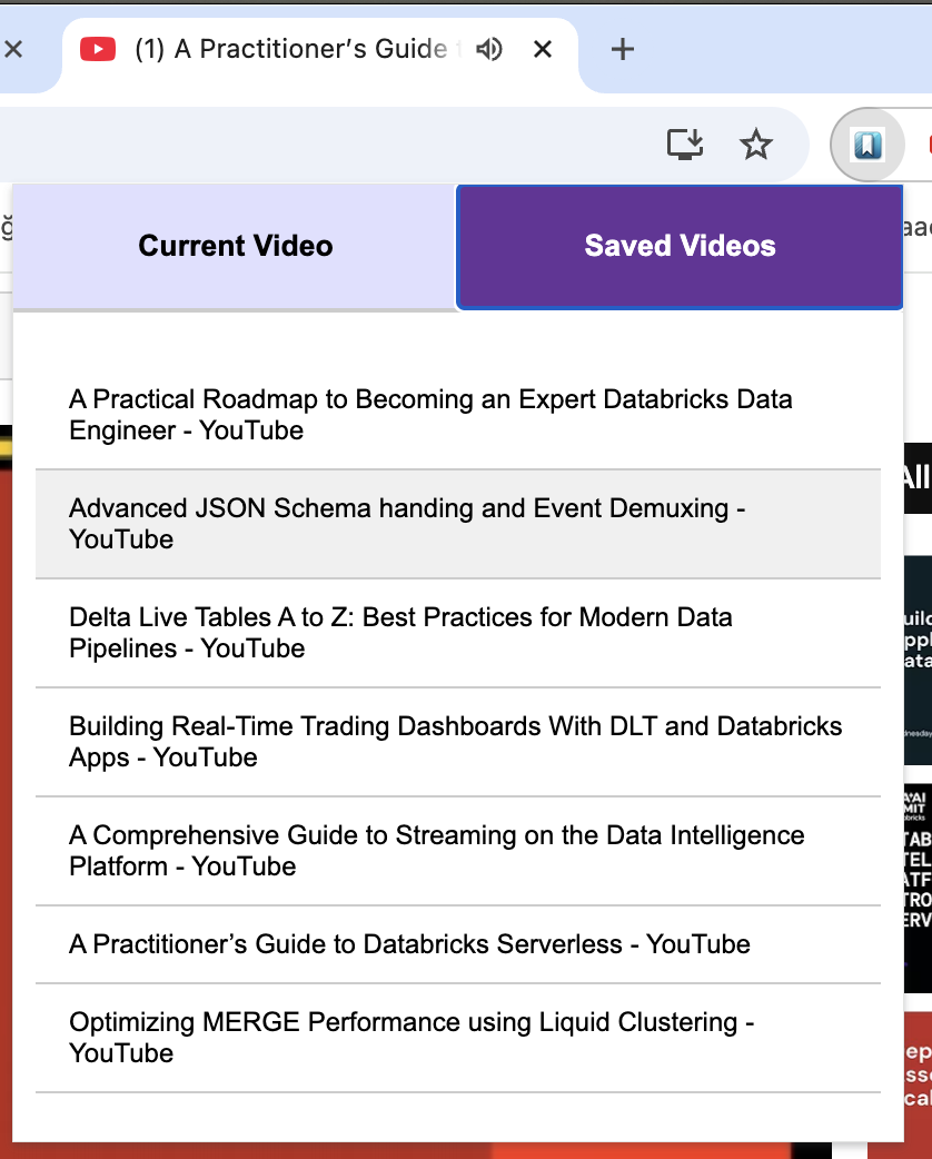 Bookmarked videos tab showing a list of videos that contain bookmarks