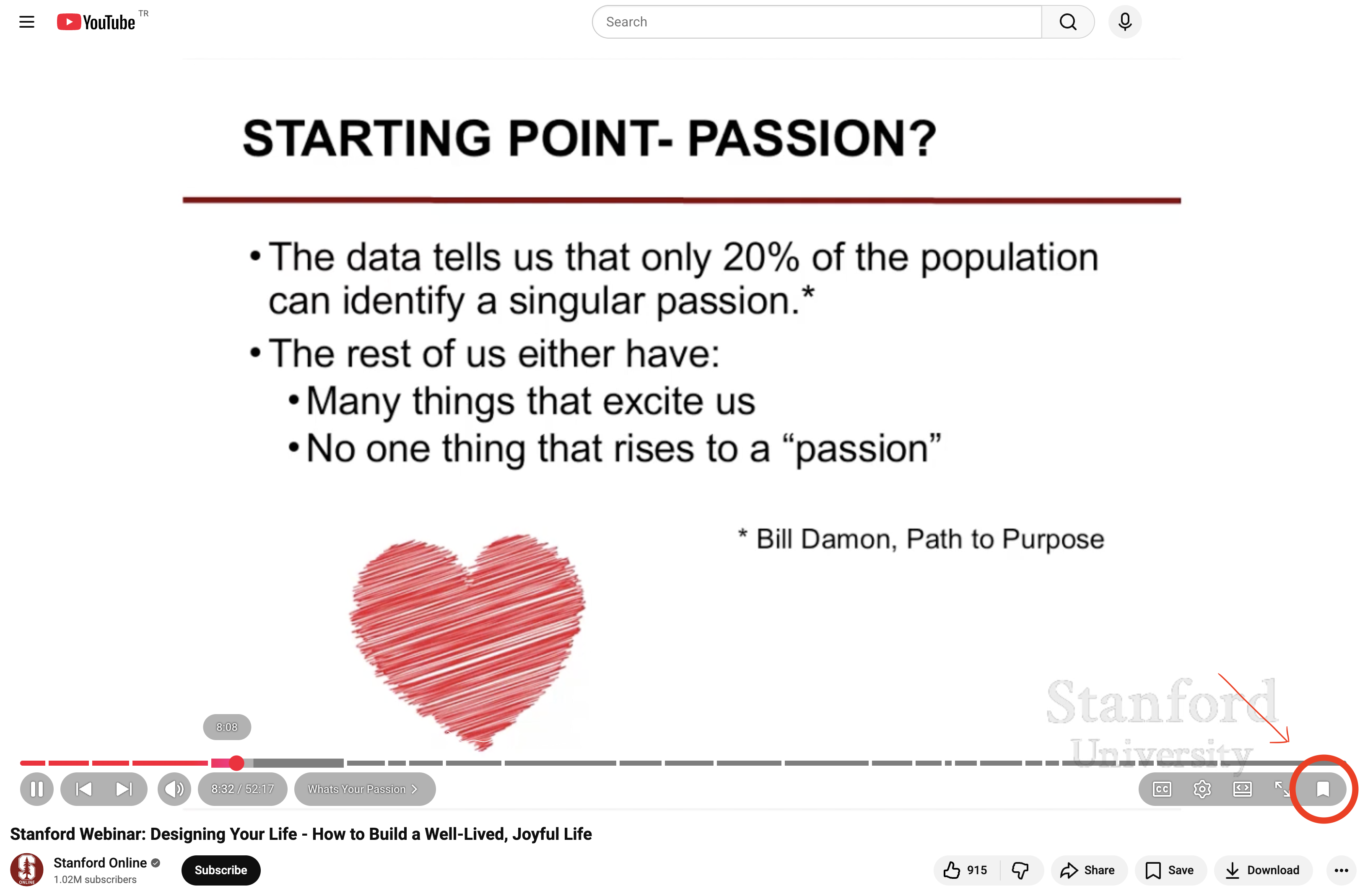 YouTube Video Bookmarker button shown on the YouTube player controls